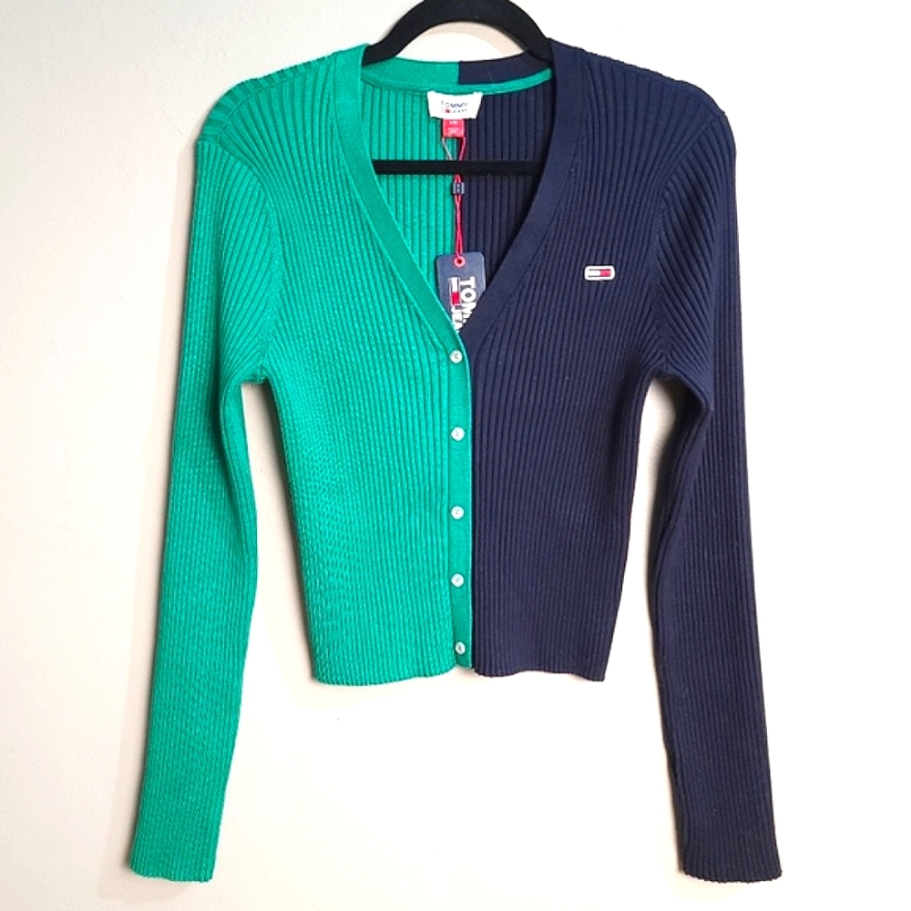 Tommy Hilfiger NWT Blue & Green Preppy Long Sleeve Button-Up Cardigan Sweater LG